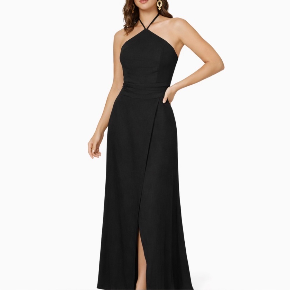 Midi dress side slit halter neck tie linen blend black LBD side zip SZ XS beach
